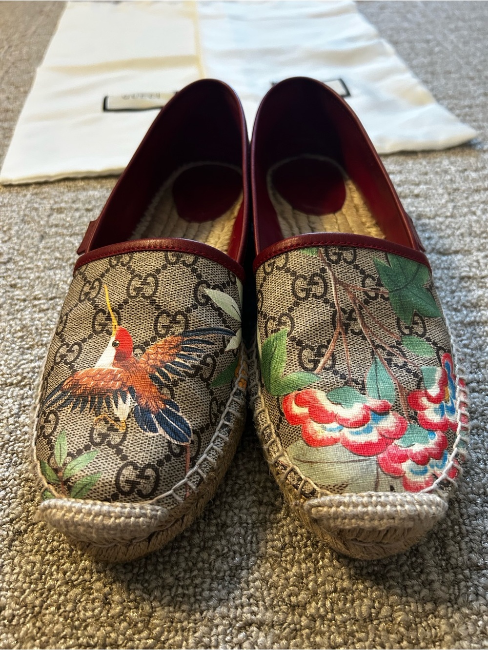 Gucci Beige Monogram Espadrilles with Rust, Green and Blue Floral Print